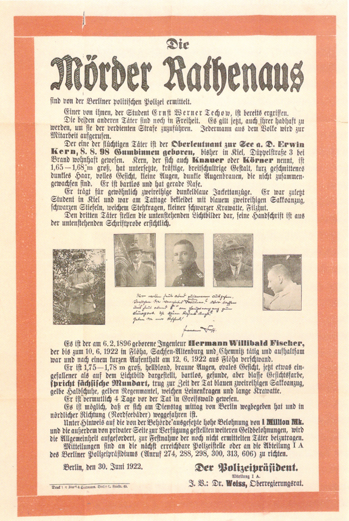 »Die Mörder Rathenaus« Fahndungsplakat des Polizeipräsidenten von Berlin vom 30.6.1922