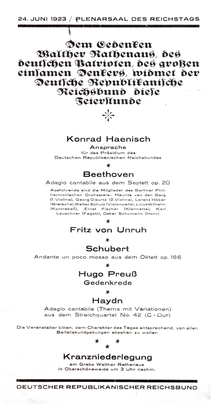 »Dem Gedenken Walther Rathenaus«, Programm einer Gedenkveranstaltung im Reichstag am 24.6.1923
